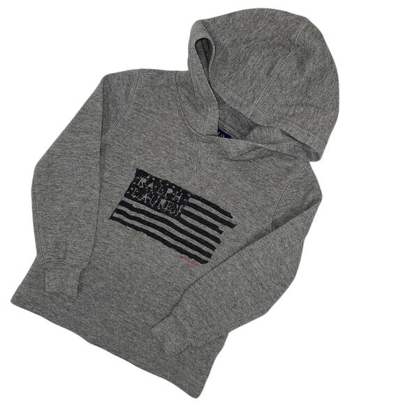 Ralph Lauren Americana‎ Flag Waffle Knit Hoodie Gray Pullover Size 4/4T - Picture 1 of 9